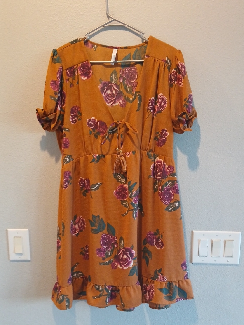 Xhilaration Mustard Floral Tie-Front Mini Dress Xl Boho Cottagecore
